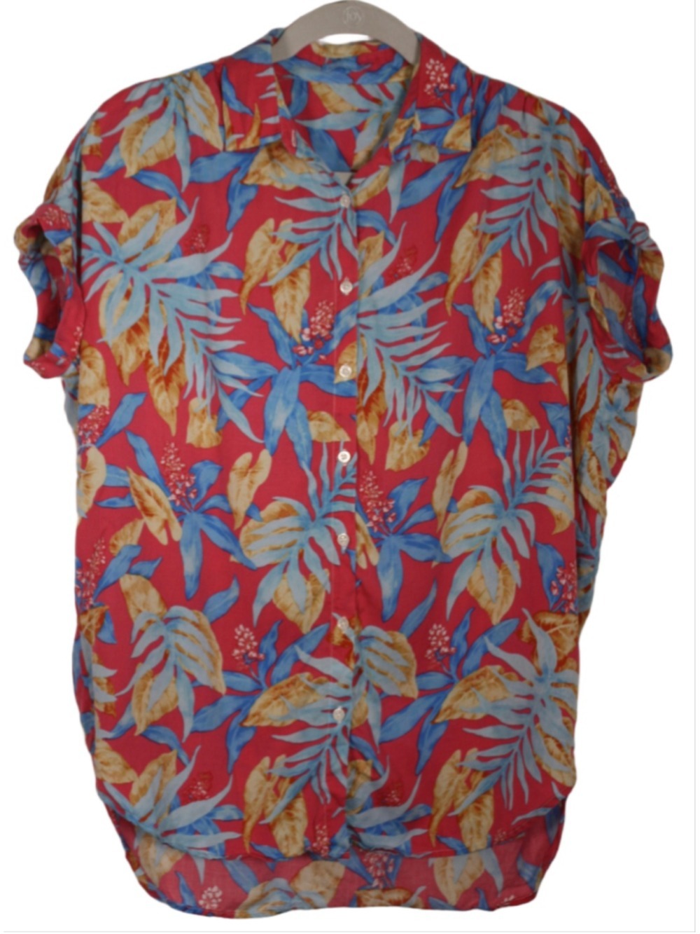 J.McLaughlin Alondra Lyocell Tropical Leaf Button Up Blouse Pink Blue EUC